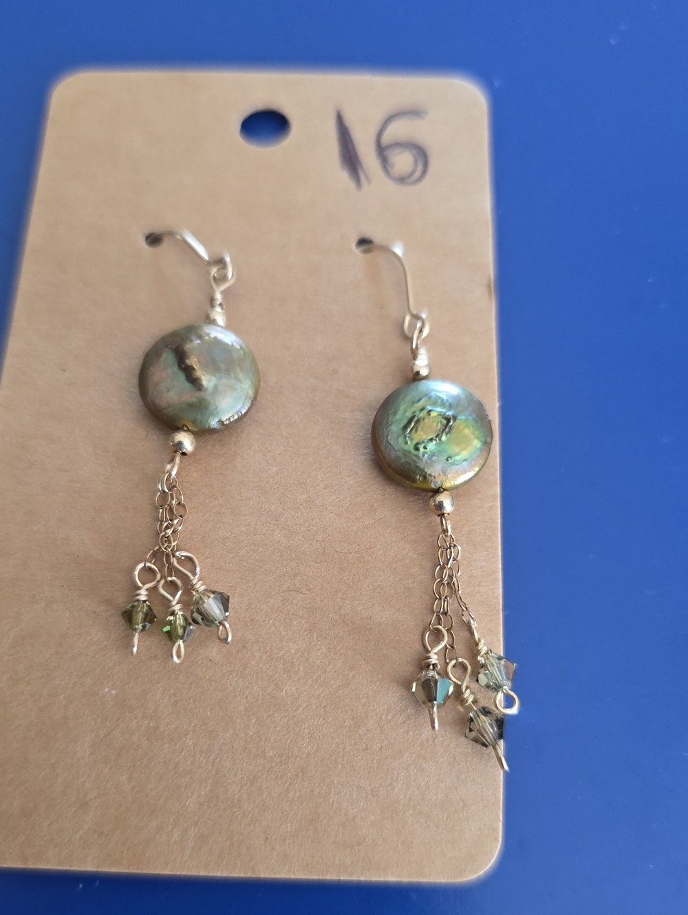Green Abaloni Disc Dangle Earrings with Olive Swarovski Crystal Drops